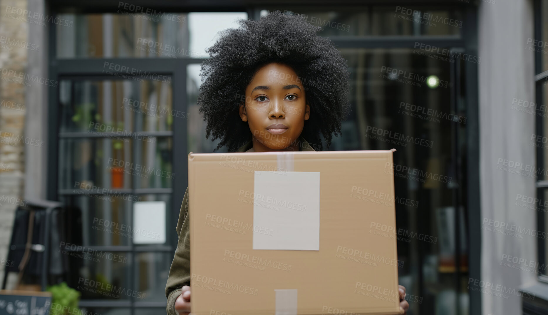 Buy stock photo Young woman, cardboard box and girl holding a parcel from courier service, delivery or exports. Black, African American and female with package from online shopping, application and moving in concept