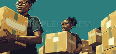 Young women, cardboard box and people holding a parcel from courier service, delivery or exports. Black, African American and female with package from online shopping, application and warehouse
