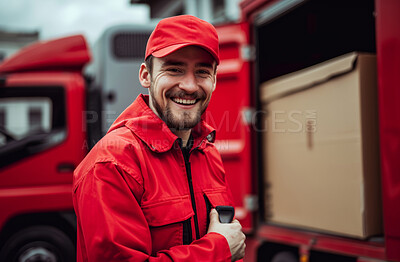 Delivery, cardboard box and happy man smiling for courier business company or product distribution. Portrait, male closeup and parcel handover to consumer for online shopping, ecommerce or shipment