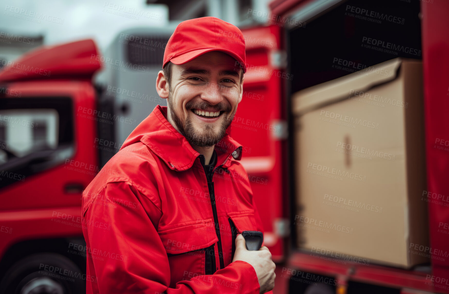 Buy stock photo Delivery, cardboard box and happy man smiling for courier business company or product distribution. Portrait, male closeup and parcel handover to consumer for online shopping, ecommerce or shipment