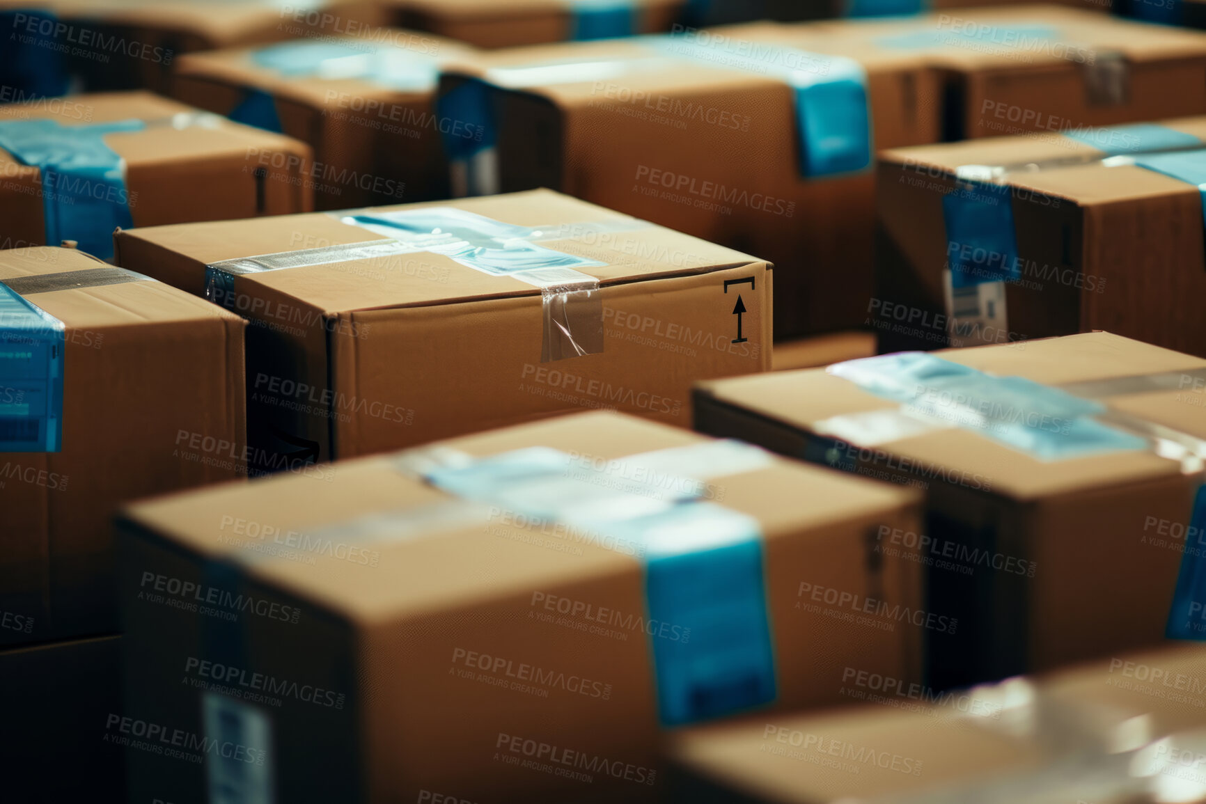 Buy stock photo Cardboard box, package or delivery service business background for courier company, new home and gifts. Neat, pile or packed boxes background for storage, transportation or factory warehouse