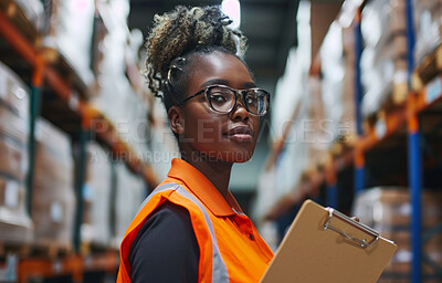 Warehouse, business and woman employee checking stock or product for courier service, delivery or exports. Confident, successful and hard working female inspecting at factory for parcels or inventory