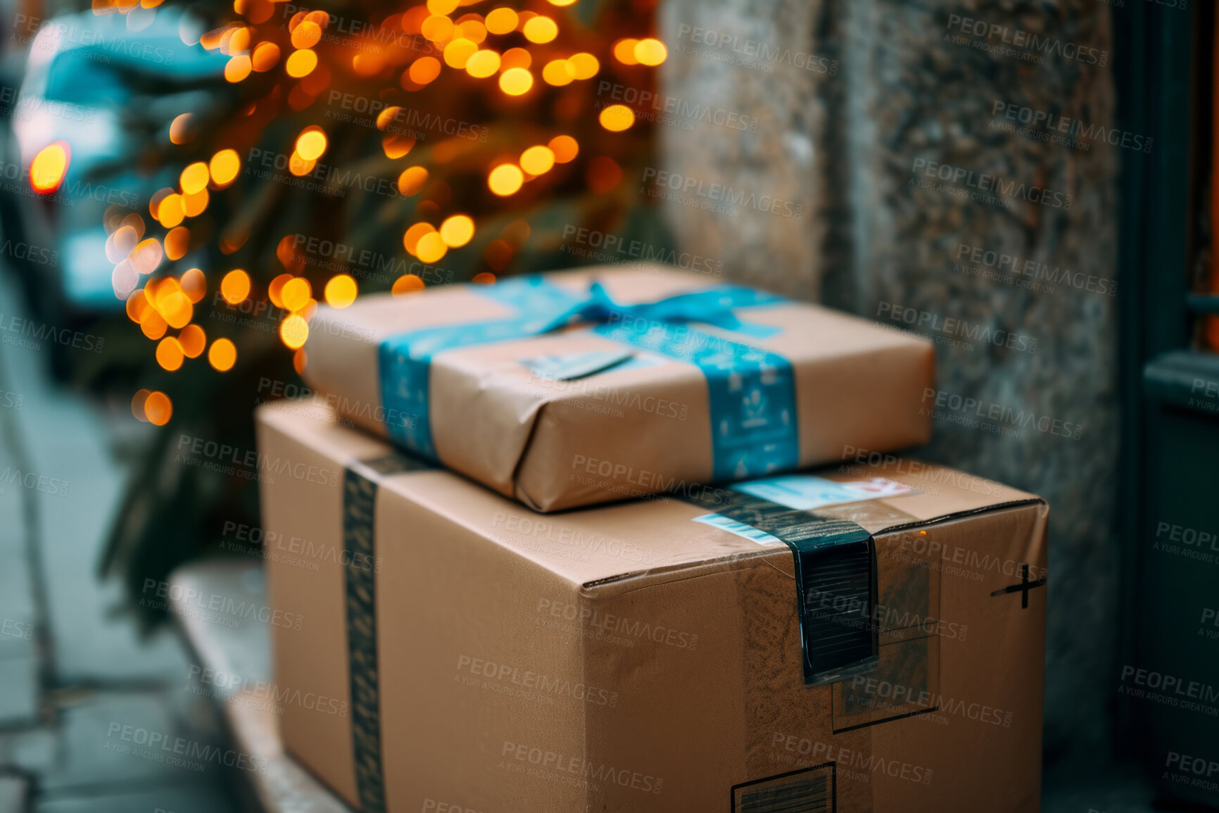 Buy stock photo Door delivery, courier or package on front doorstep for ecommerce business,  shopping or shipment company. Empty, home and entrance with parcel for secure service, cardboard box, and residence