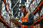 Warehouse, business and man employee or manager checking clipboard or product for courier service, delivery or exports. Confident, successful and hard working male at factory for parcels or inventory
