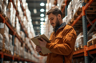 Warehouse, business and man employee or manager checking clipboard or product for courier service, delivery or exports. Confident, successful and hard working male at factory for parcels or inventory