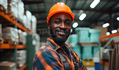 Warehouse, business and man employee or manager checking with happy smile for courier service, delivery or exports. Confident, successful and hard working male at factory for parcels or inventory