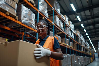 Warehouse, business and happy woman employee holding a box or product for courier service, delivery or exports. Confident, successful and working female inspecting at factory for parcels or inventory