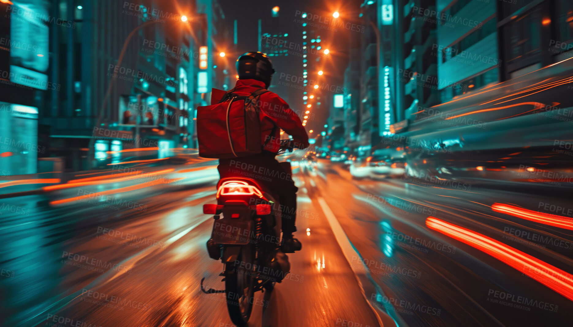 Buy stock photo Delivery service, scooter and man driving a bike for courier business company, food parcel transport or app. Motorcycle, transportation and employee for online shopping, ecommerce or shipment