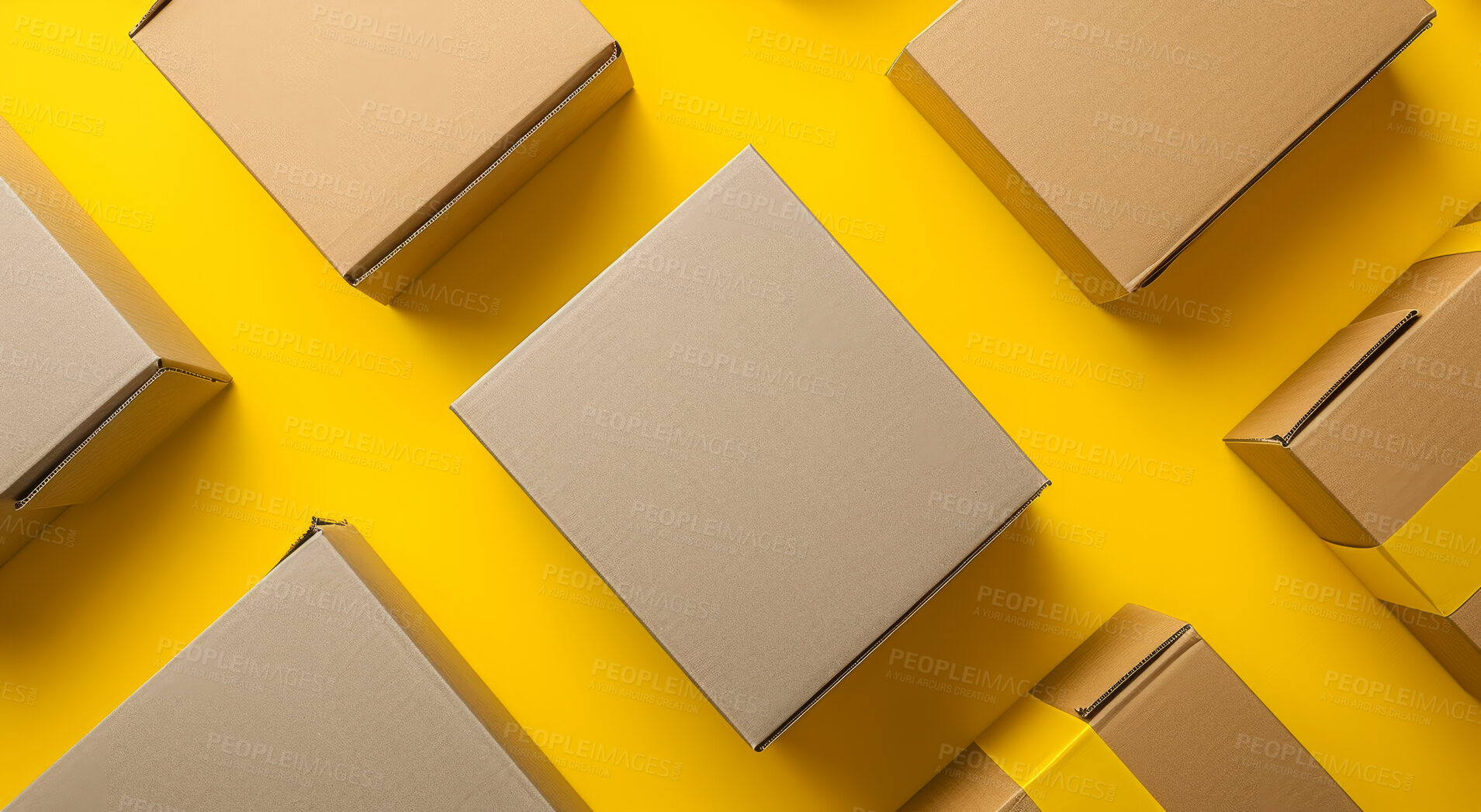 Buy stock photo Cardboard box, package or delivery service business background for courier company, new home and gifts. Neat, pile or packed boxes against a yellow background for storage, transportation or warehouse