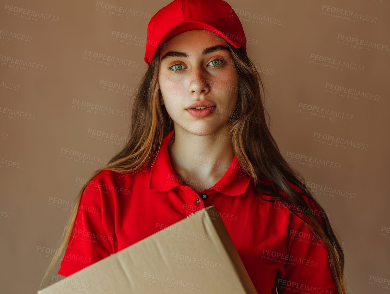 Buy stock photo Delivery, cardboard box and woman holding a package for courier business company or product distribution. Portrait, closeup and parcel handover to consumer for online shopping, ecommerce or shipment