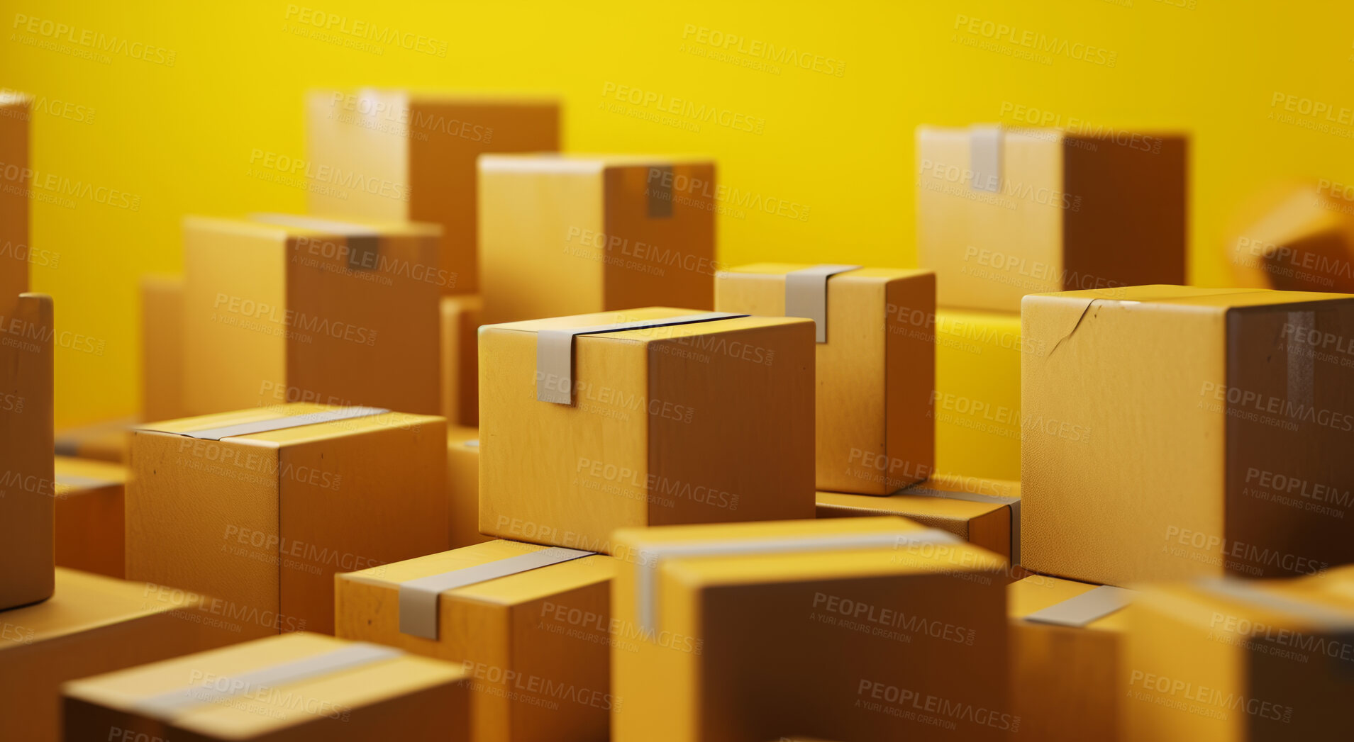 Buy stock photo Cardboard box, package or delivery service business background for courier company, new home and gifts. Neat, pile or packed boxes against a yellow background for storage, transportation or warehouse