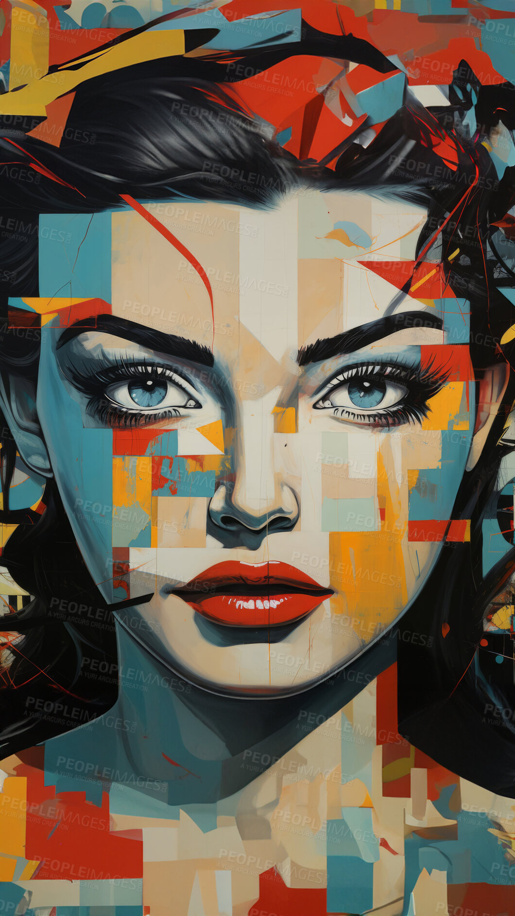 Buy stock photo Pop art woman, vibrant colors and retro style. Playful, energetic and visually striking illustration of a woman in the iconic pop art fashion. A modern twist on classic pop culture aesthetics.