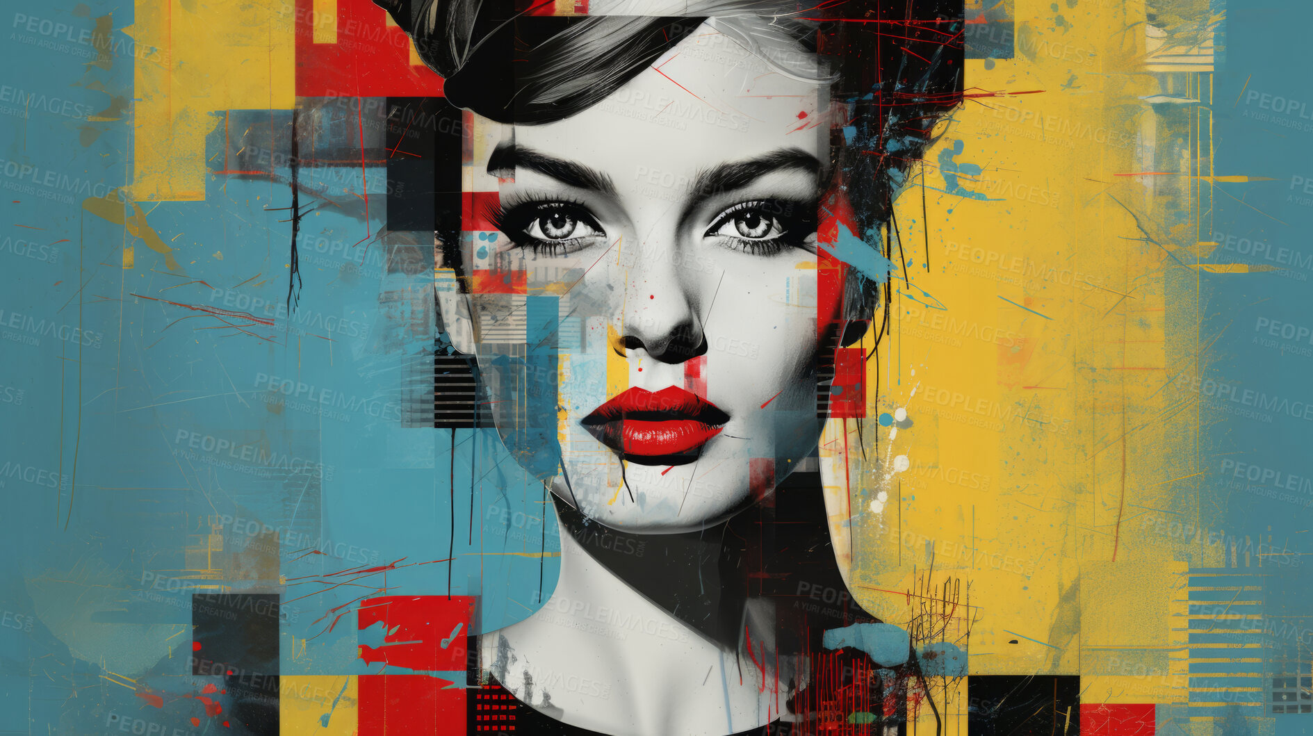 Buy stock photo Pop art woman, vibrant colors and retro style. Playful, energetic and visually striking illustration of a woman in the iconic pop art fashion. A modern twist on classic pop culture aesthetics.