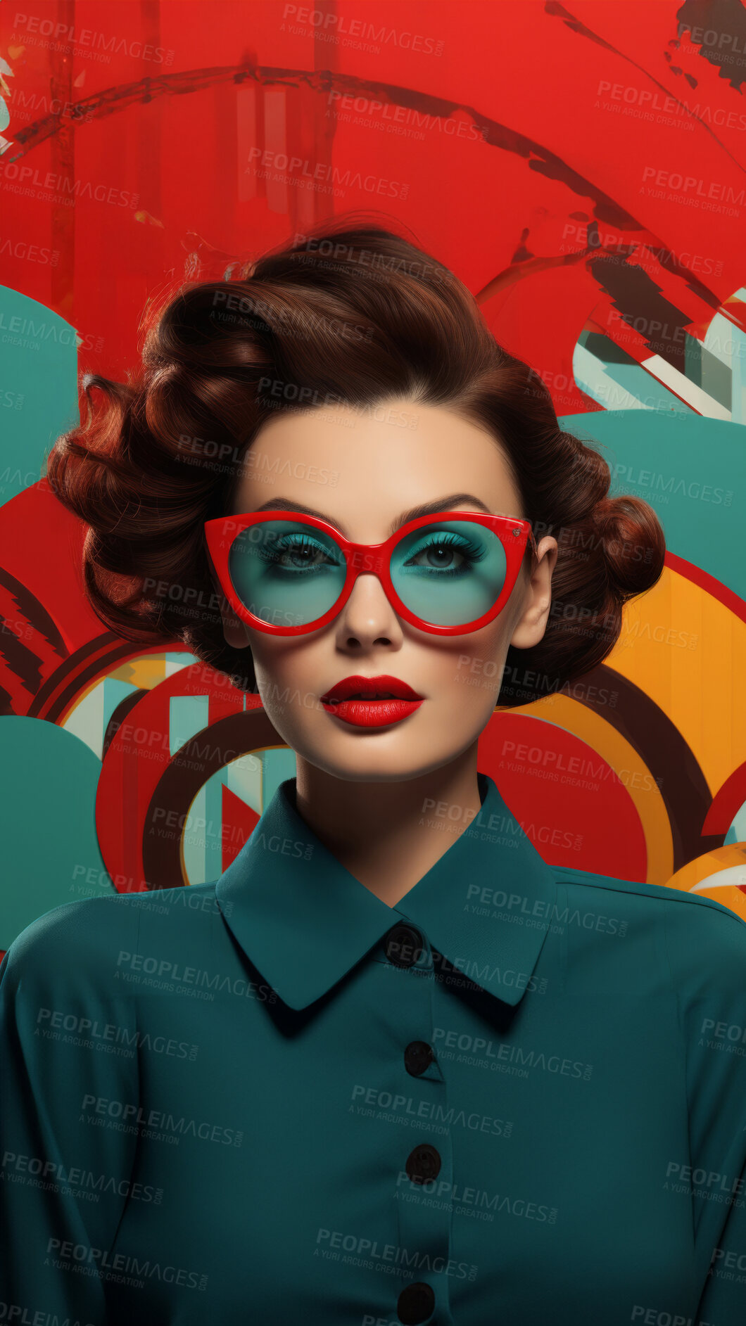 Buy stock photo Pop art woman, vibrant colors and retro style. Playful, energetic and visually striking illustration of a woman in the iconic pop art fashion. A modern twist on classic pop culture aesthetics.