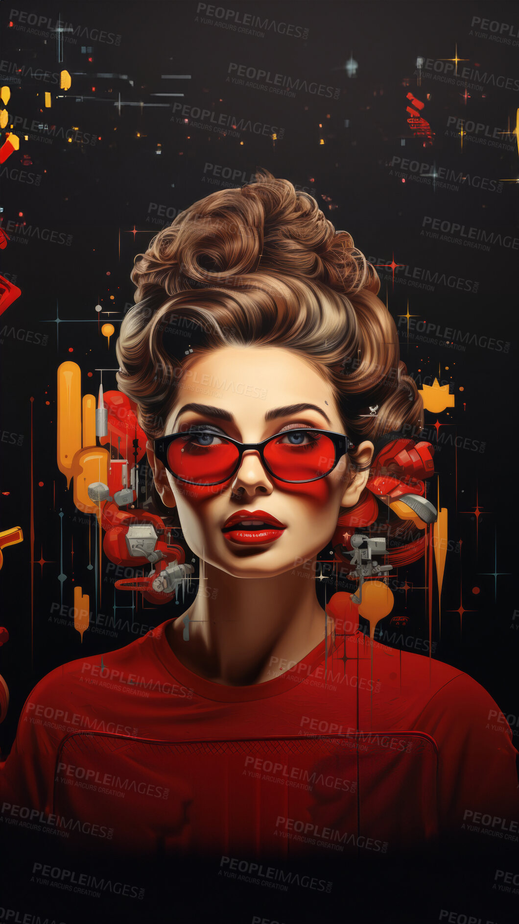 Buy stock photo Pop art woman, vibrant colors and retro style. Playful, energetic and visually striking illustration of a woman in the iconic pop art fashion. A modern twist on classic pop culture aesthetics.