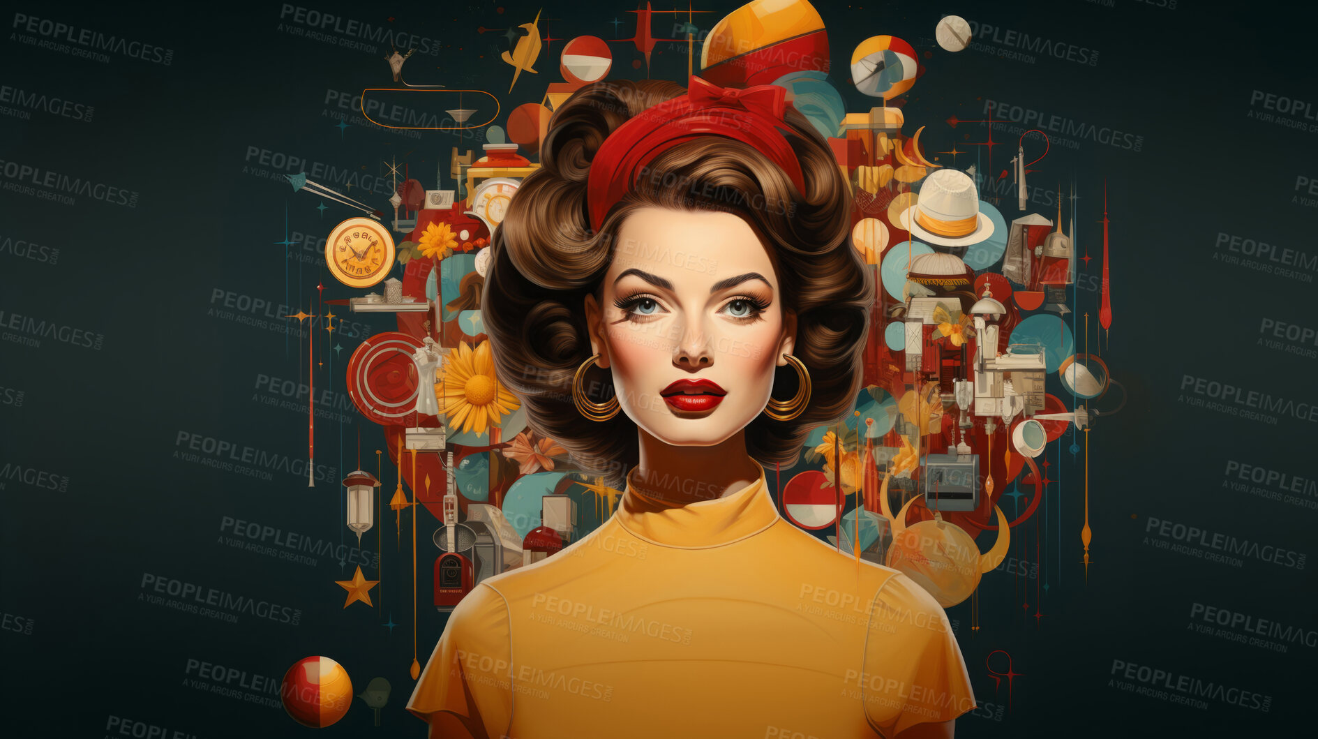 Buy stock photo Pop art woman, vibrant colors and retro style. Playful, energetic and visually striking illustration of a woman in the iconic pop art fashion. A modern twist on classic pop culture aesthetics.