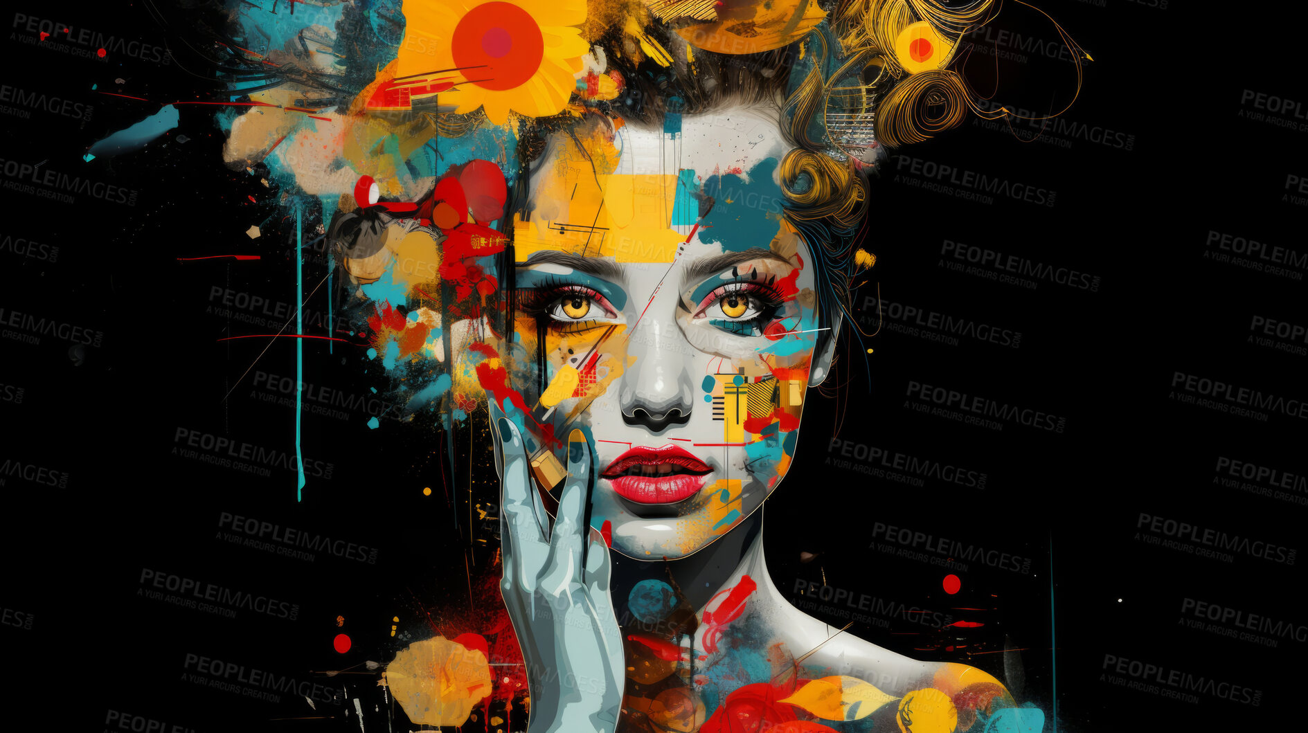 Buy stock photo Pop art woman, vibrant colors and retro style. Playful, energetic and visually striking illustration of a woman in the iconic pop art fashion. A modern twist on classic pop culture aesthetics.