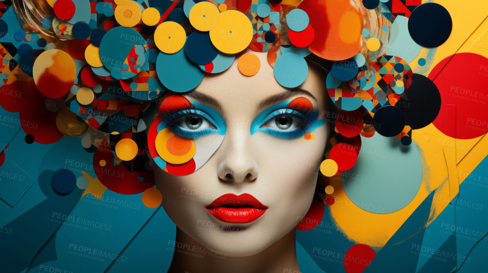 Buy stock photo Pop art woman, vibrant colors and retro style. Playful, energetic and visually striking illustration of a woman in the iconic pop art fashion. A modern twist on classic pop culture aesthetics.