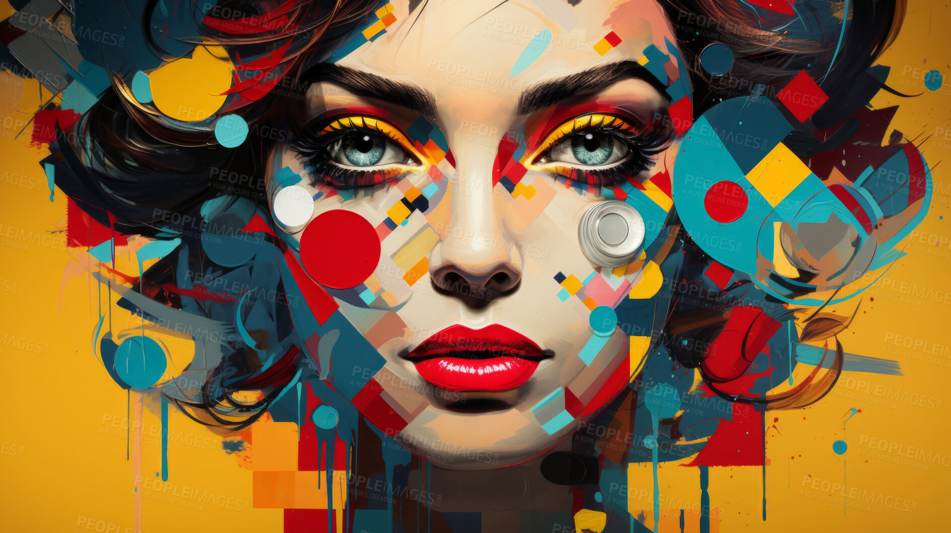 Buy stock photo Pop art woman, vibrant colors and retro style. Playful, energetic and visually striking illustration of a woman in the iconic pop art fashion. A modern twist on classic pop culture aesthetics.