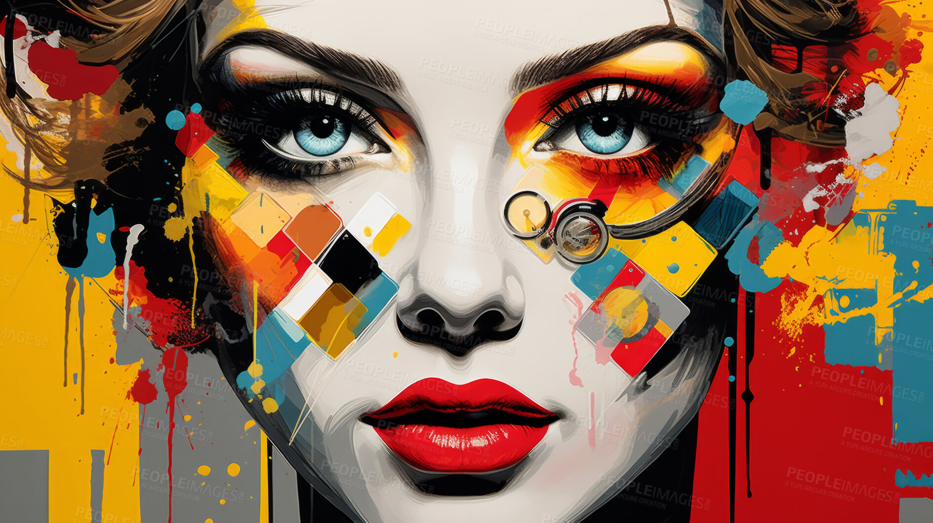 Buy stock photo Pop art woman, vibrant colors and retro style. Playful, energetic and visually striking illustration of a woman in the iconic pop art fashion. A modern twist on classic pop culture aesthetics.