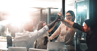 Buy stock photo High five, collaboration and business people in celebration in the office for project success. Teamwork, diversity and group of professional employees with team achievement to celebrate in workplace.