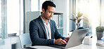 Data analysis, research and businessman with a tablet and laptop for accounting or economy growth. Office, Asian and financial worker with technology for email, planning or information on a website