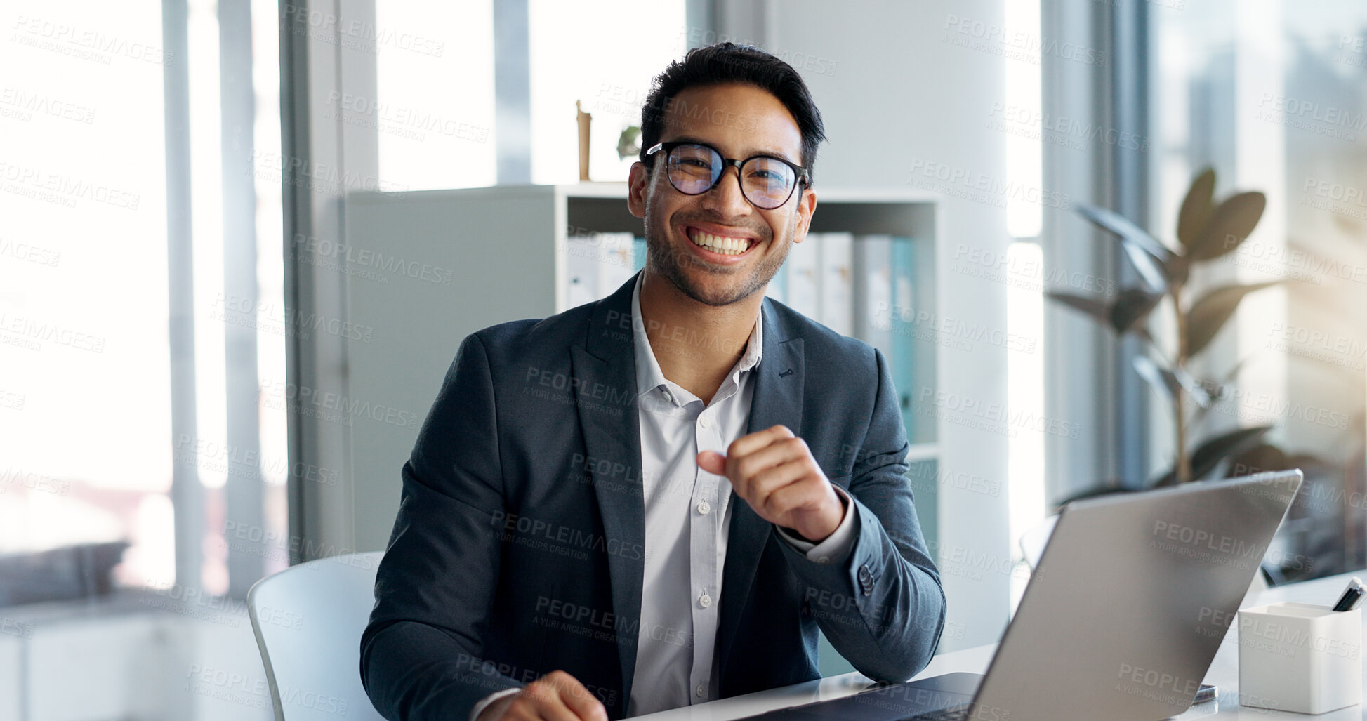 Buy stock photo Smile, laptop and portrait of businessman in office researching for legal case information. Happy, technology and professional young male attorney working on law project with computer in workplace.