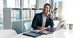 Phone call, laptop and talking business man, bank consultant or advisor feedback on research report, project or data. Smartphone chat, administration and corporate person consulting on online account