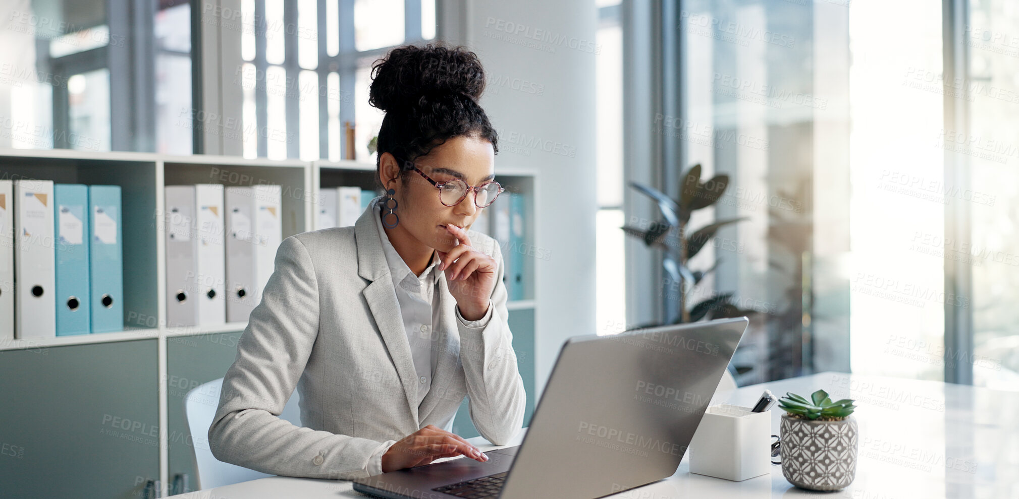 Buy stock photo Thinking, laptop and typing business woman, bank consultant or working on research report, project or solution. Computer, administration analysis and professional person reading online account data