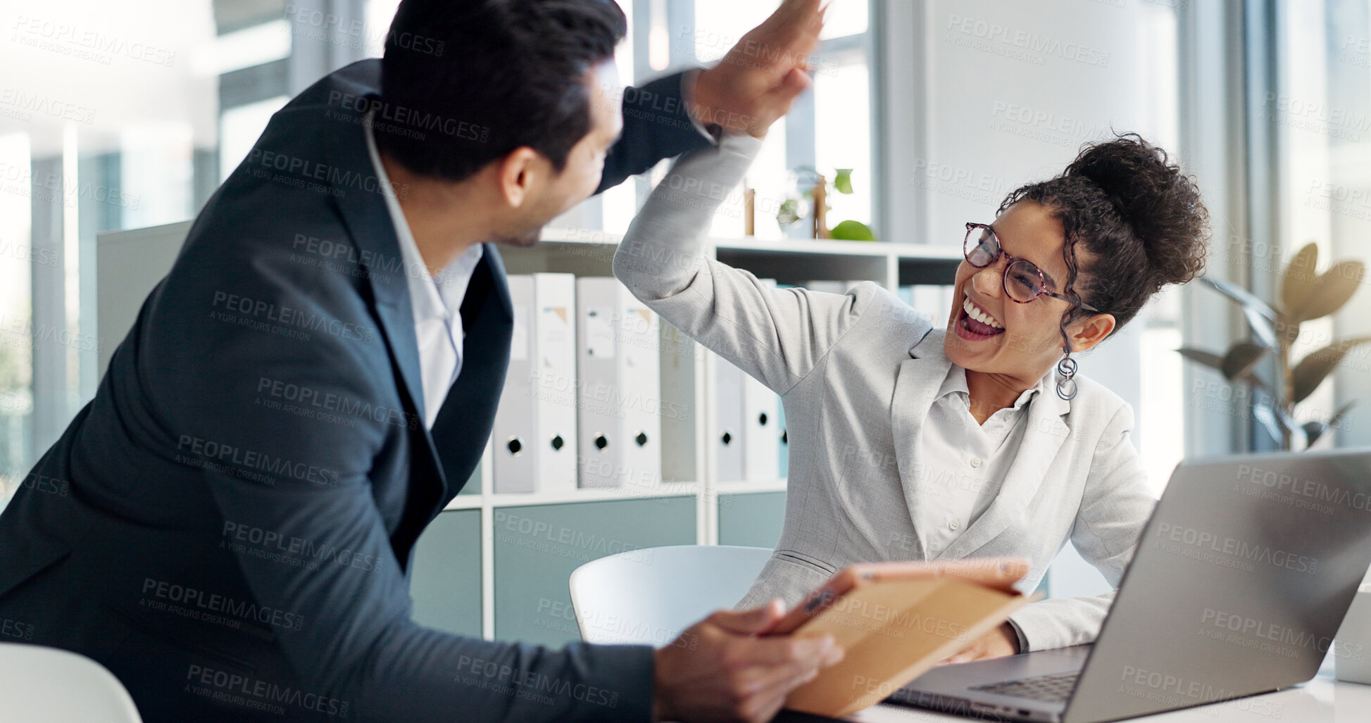 Buy stock photo Collaboration, high five and business people with success and tablet for trading or planning. Happy, teamwork and a corporate businessman and woman with a gesture for online win, deal or achievement