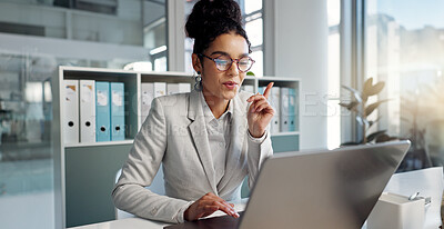 Laptop, idea and thinking business woman, legal consultant or lawyer working on research report, settlement or solution plan. Law firm, computer and professional attorney problem solving project