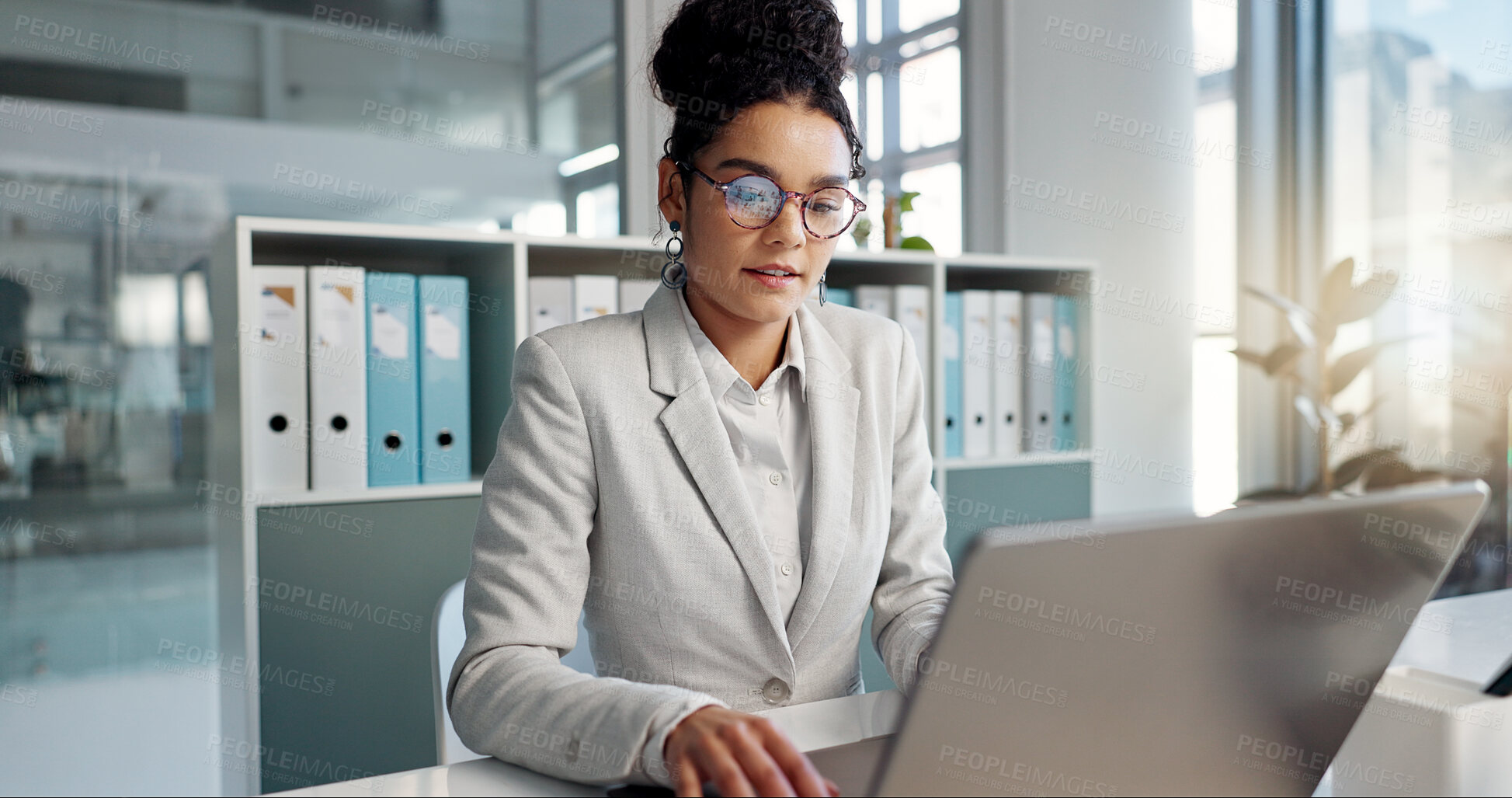 Buy stock photo Thinking, laptop and typing business woman, bank consultant or working on research report, project or solution. Computer, administration analysis and professional person reading online account data