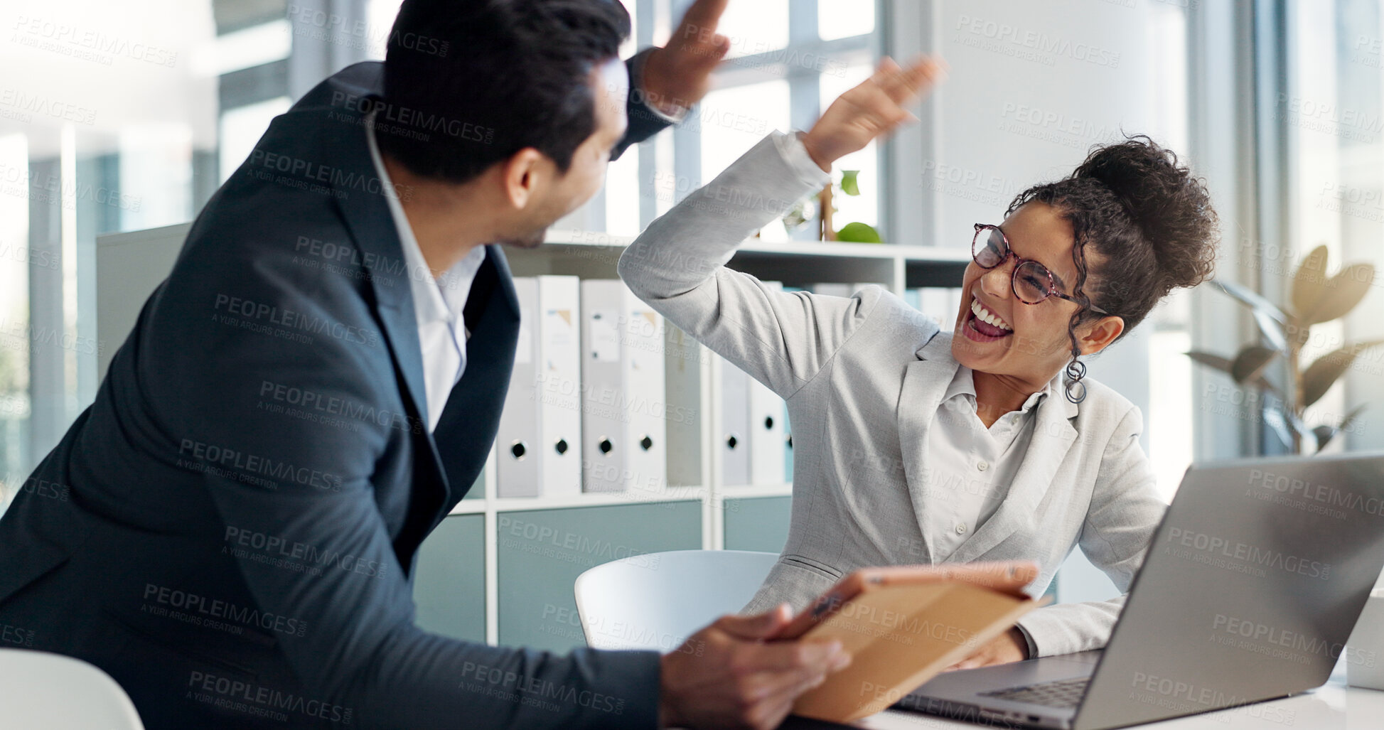 Buy stock photo Collaboration, high five and business people with success and tablet for trading or planning. Happy, teamwork and a corporate businessman and woman with a gesture for online win, deal or achievement