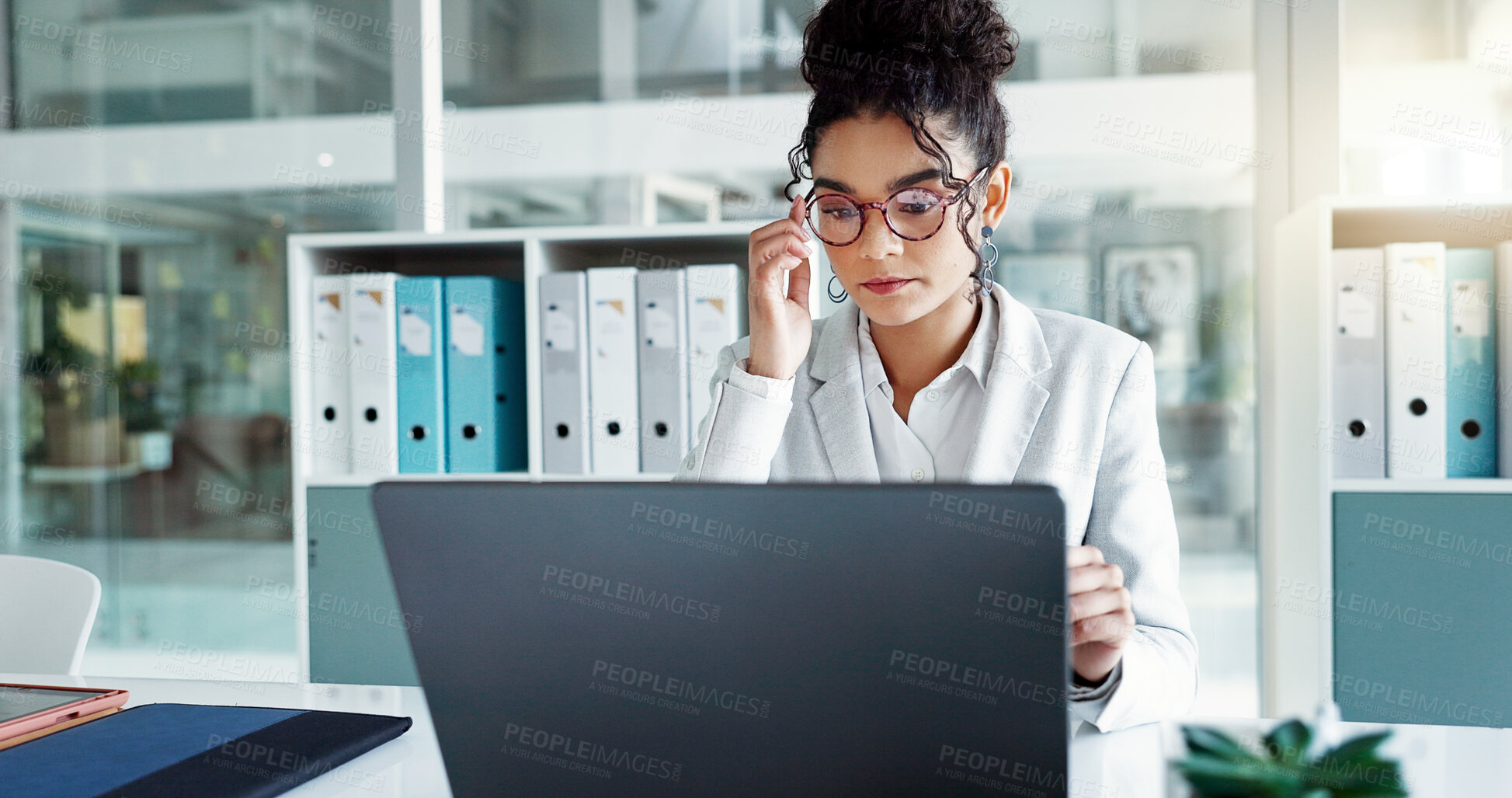Buy stock photo Reading glasses, laptop and professional woman, advocate or government attorney check feedback. Corporate research, eyeglasses and business lawyer analysis of legal project, development or report
