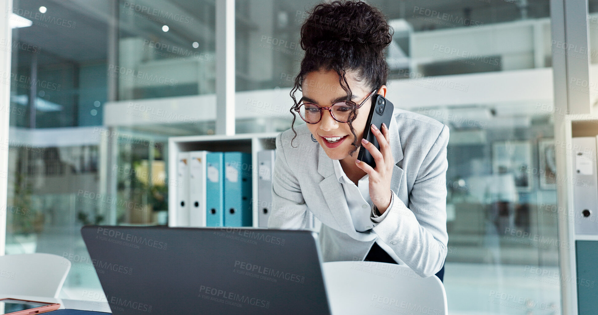 Buy stock photo Phone call, laptop and happy corporate woman, advocate or attorney smile for online results, proposal or settlement deal. Conversation, mobile cellphone and lawyer consulting on legal project report