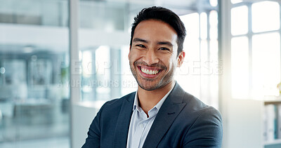 Asian business man, arms crossed and face in office, smile and pride for leadership, management and professional. Financial advisor, businessman and happy in portrait, suit and ambition in workplace
