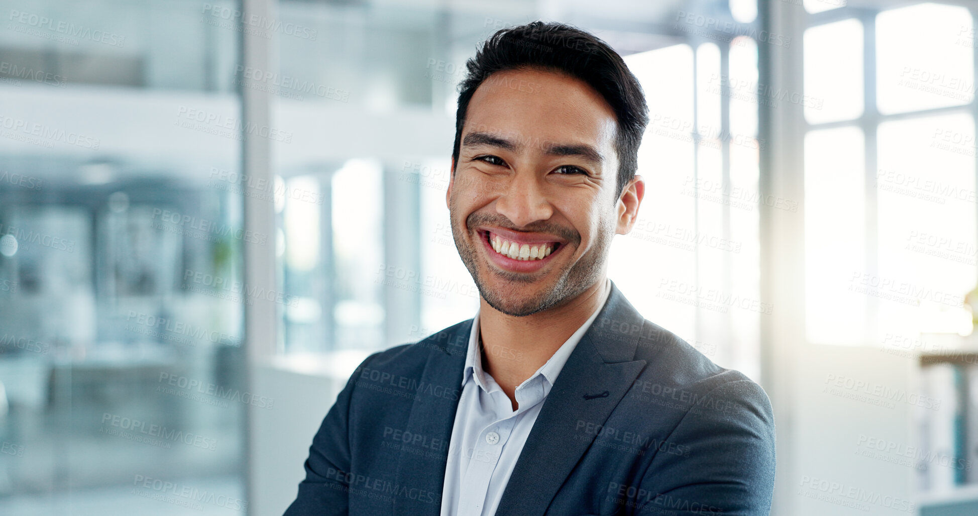 Buy stock photo Asian business man, arms crossed and face in office, smile and pride for leadership, management and professional. Financial advisor, businessman and happy in portrait, suit and ambition in workplace