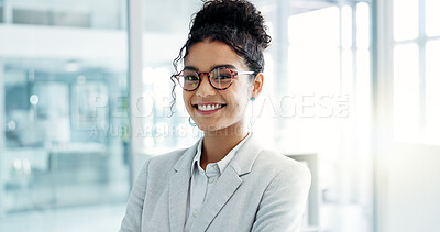 Face, business and woman with a smile, office and arms crossed with a career, consultant and entrepreneur. Portrait, person or employee with glasses, workplace or agent with ambition or administrator