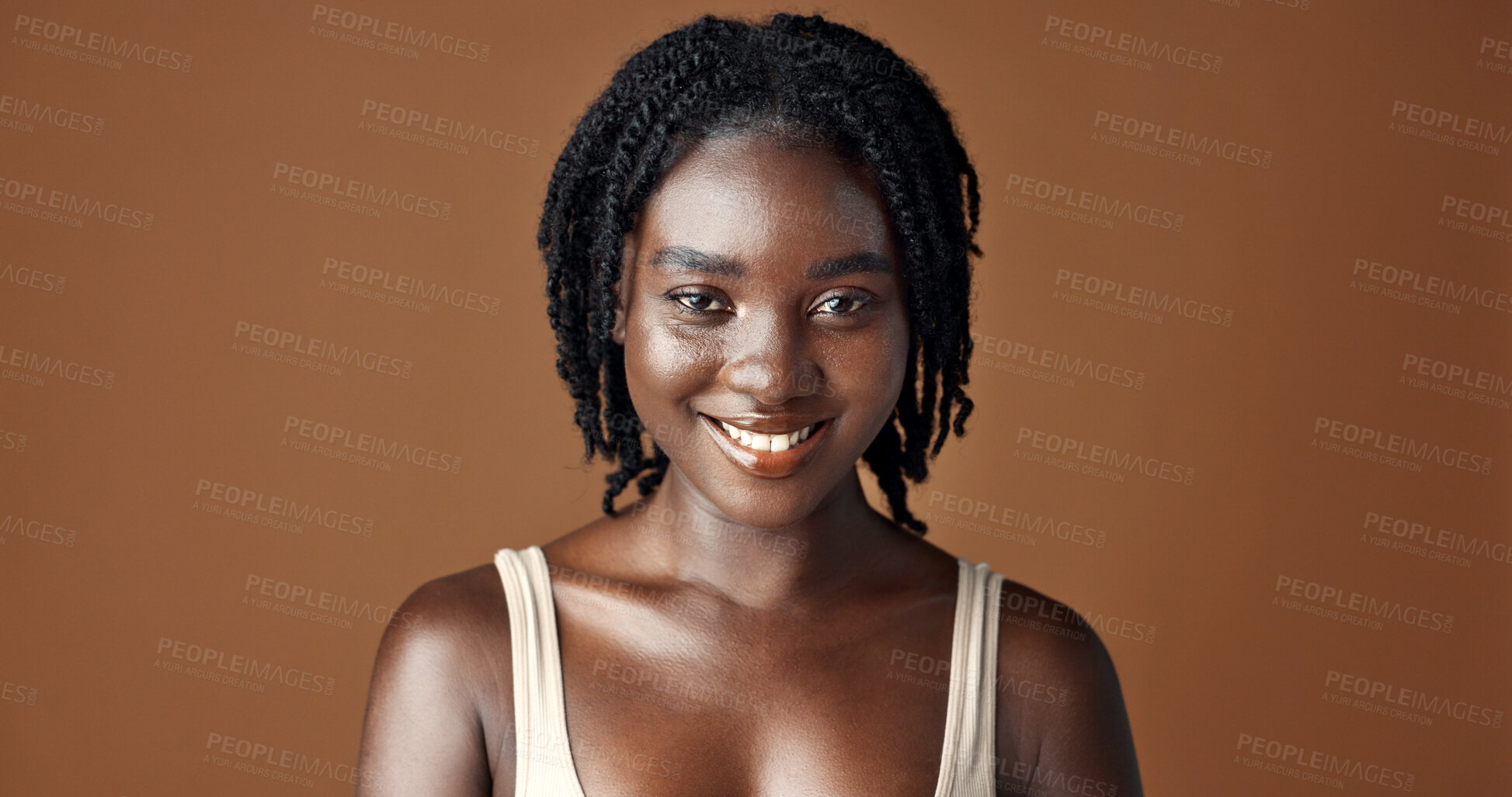 Buy stock photo Face, beauty and aesthetic with funny black woman in studio isolated on brown background for wellness. Portrait, skincare and laughing for natural cosmetics or foundation with confident young person