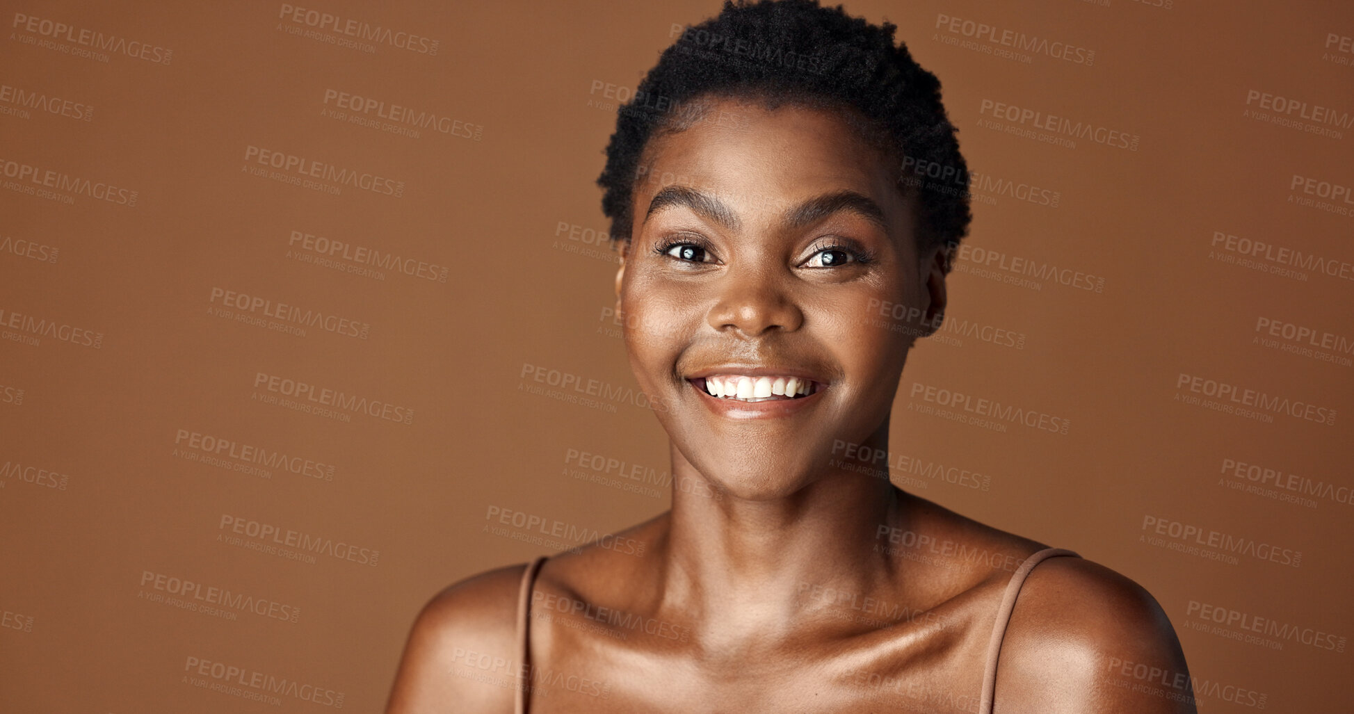 Buy stock photo Face of black woman, natural beauty or aesthetic for wellness, cosmetics or healthy skin in studio. Dermatology, pride or serious African girl model with glow or skincare results on brown background