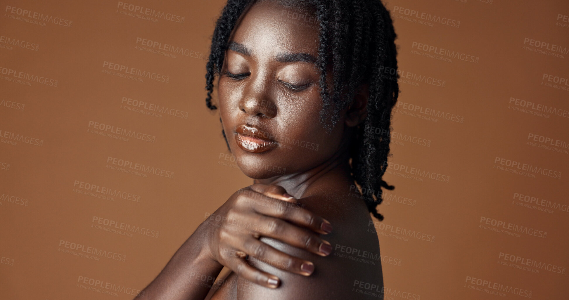 Buy stock photo Face, beauty and skincare with happy black woman in studio isolated on brown background for wellness. Portrait, aesthetic and smile for foundation cosmetics or dermatology with a natural young person
