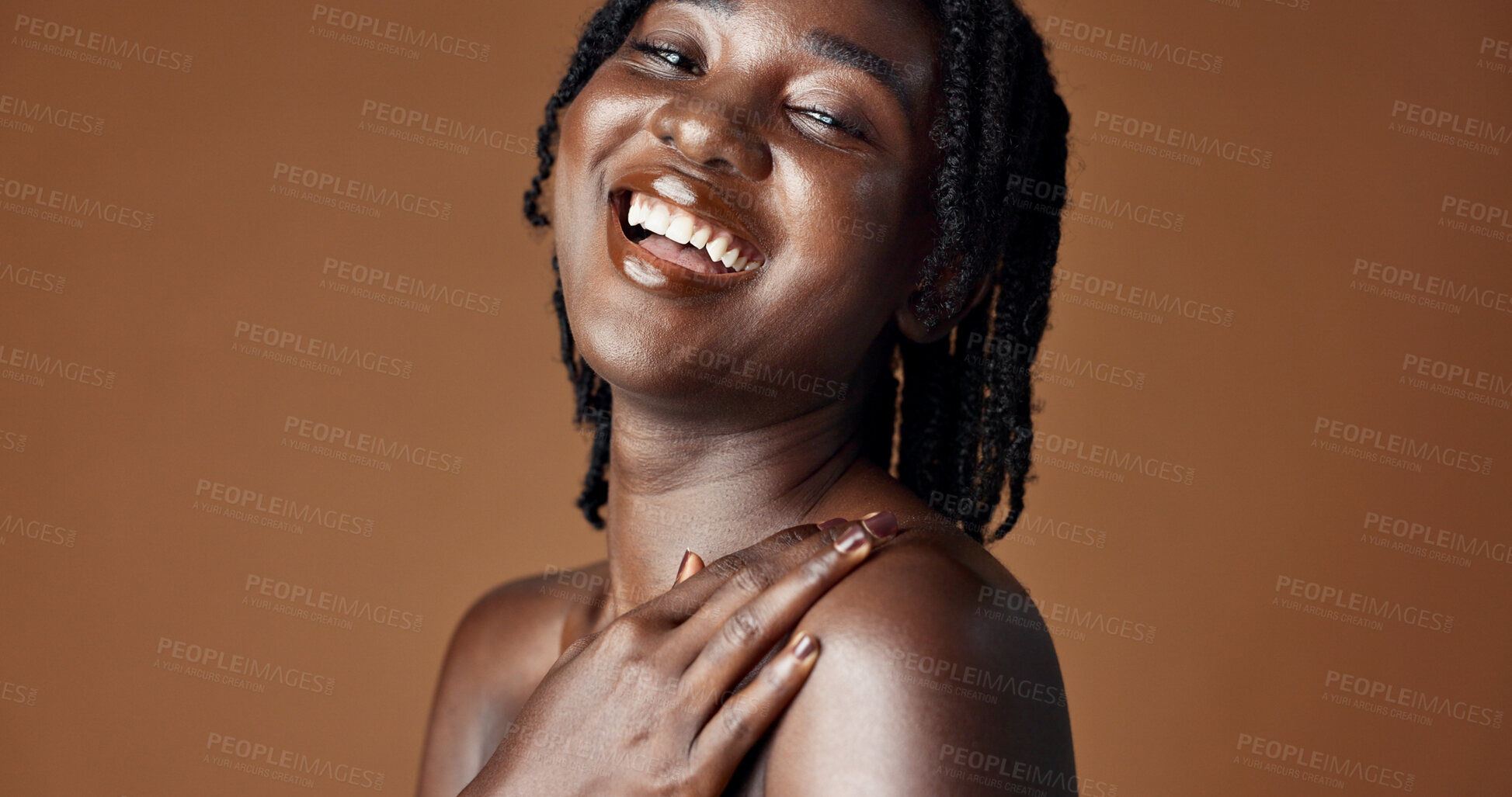 Buy stock photo Face, beauty and skincare with happy black woman in studio isolated on brown background for wellness. Portrait, aesthetic and smile for foundation cosmetics or dermatology with a natural young person