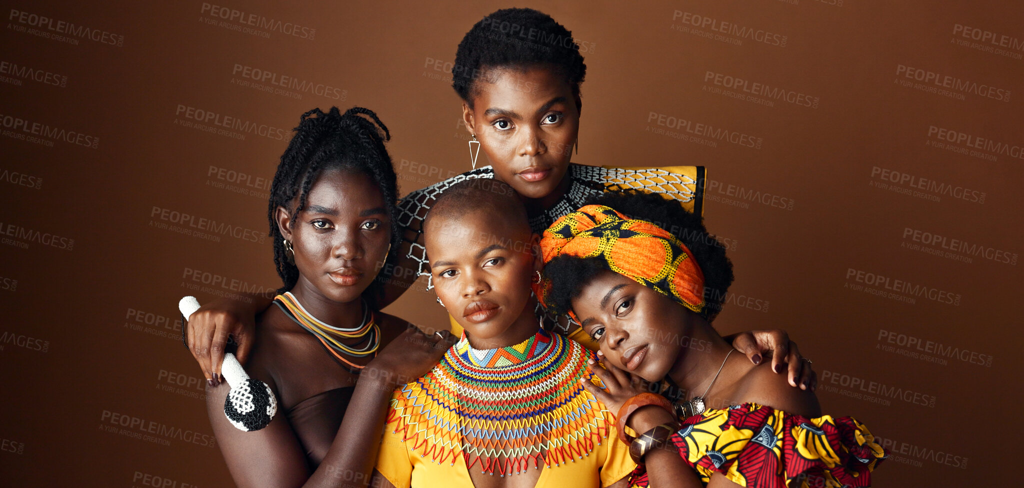 Buy stock photo African women, group and studio for culture with face, jewelry or beads necklace in clothes by background. Black people, model and indigenous fashion for friends, traditional or portrait for kwanzaa