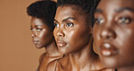 Skincare, beauty or black women models with glowing skin or afro isolated on brown background. Facial dermatology, diversity or face cosmetics for makeup in studio with girl friends or African people