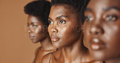 Skincare, beauty or black women models with glowing skin or afro isolated on brown background. Facial dermatology, diversity or face cosmetics for makeup in studio with girl friends or African people