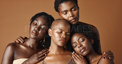 Skincare, beauty and face of black women in studio with glowing, natural and facial routine. Smile, cosmetic and portrait of African female friends with dermatology face treatment by brown background