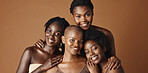 Skincare, beauty and face of black women in studio with glowing, natural and facial routine. Smile, cosmetic and portrait of African female friends with dermatology face treatment by brown background