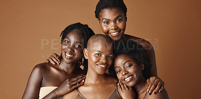 Skincare, beauty and face of black women in studio with glowing, natural and facial routine. Smile, cosmetic and portrait of African female friends with dermatology face treatment by brown background