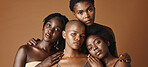 Skincare, face or happy black women models with glowing skin isolated on brown background. Facial dermatology, diversity or beauty cosmetics for makeup in studio with girl friends or African people