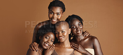 Face, beauty and happy black woman friends in studio on a brown background for natural wellness. Portrait, skincare and smile with a group of people together for an antiaging treatment routine